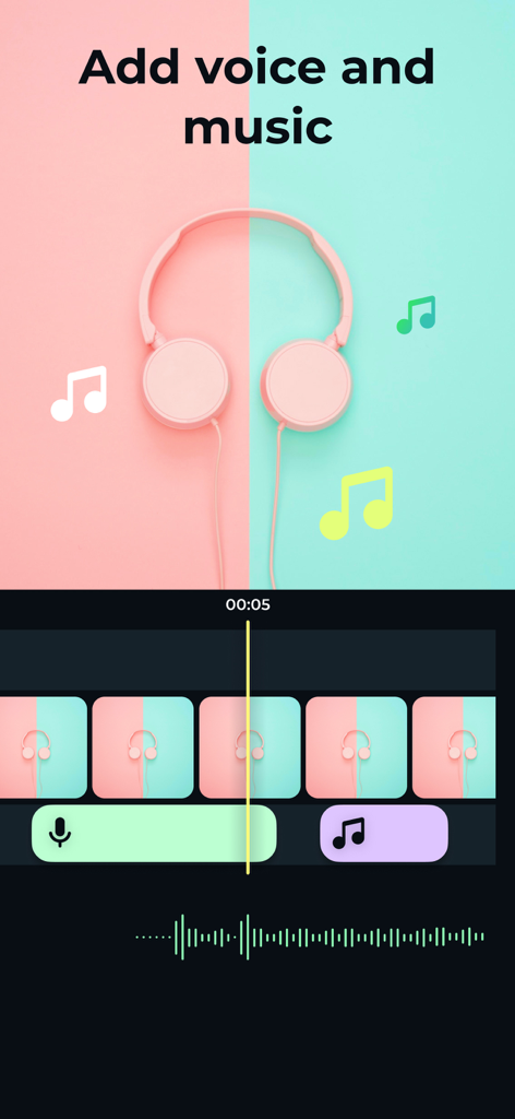 Stop Motion Animation Maker - アニメーションフレームにボイスオーバーとBGMを追加するためのツールを示すストップモーションアプリのインターフェース