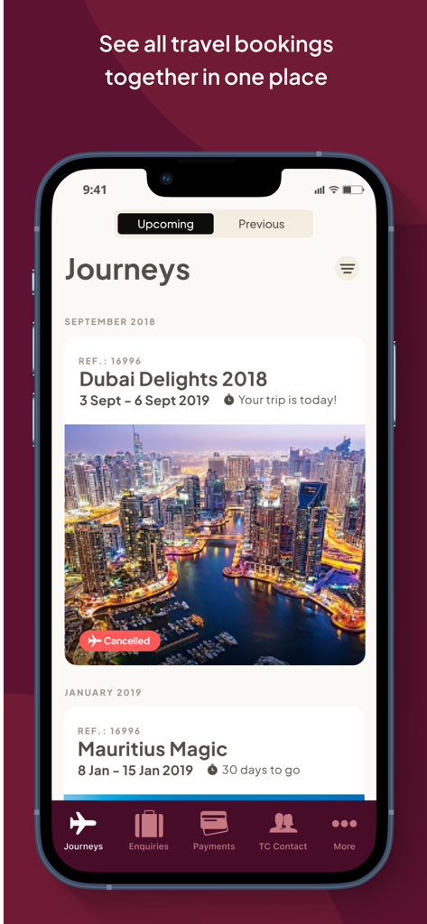 myTC - Travel Counsellors - Screenshot of the myTC app showing a list of upcoming and previous travel bookings with destination photos.