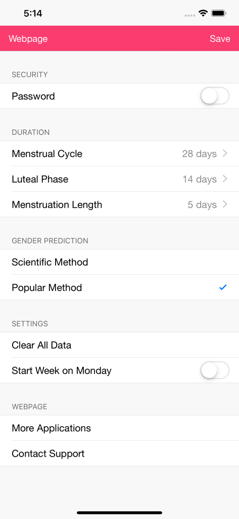 Fertility and Period Tracker - Settings screen for cycle duration and gender prediction methods