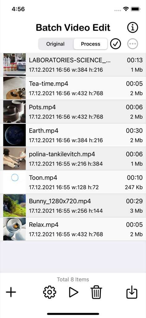 A list of processed video clips with file details in the Batch Video Edit app