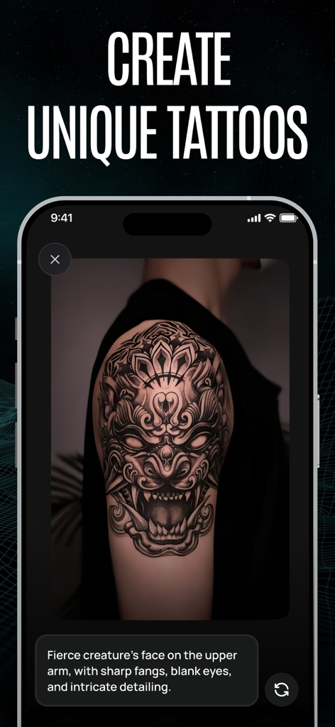 Tattoo AI Design Generator－Ink - Eine mobile App-Oberfläche, die ein einzigartiges KI-generiertes, wildes Kreaturen-Tattoo auf einer Schulter anzeigt
