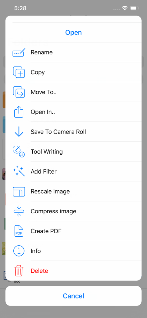 My FileManager - Documents - A menu in My FileManager showing options to rename, copy, move, rescale images, and create PDFs.