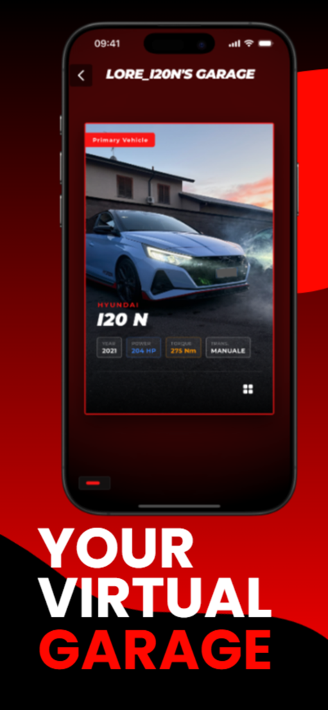 Interface do aplicativo DriveGo mostrando o recurso de garagem virtual com um perfil de carro personalizado e especificações de desempenho