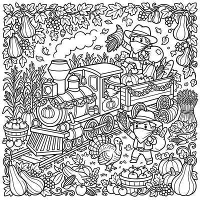 Embark on a unique coloring journey with our Thanksgiving Train Robbers template, blending festive harvest elements with a dash of adventurous fun. This detailed scene is perfect for adding your creative touch to a whimsical autumn outlaw tale.