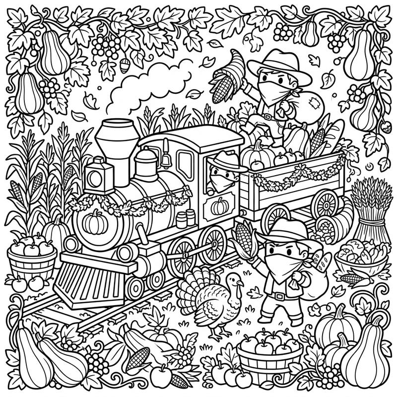 Embark on a unique coloring journey with our Thanksgiving Train Robbers template, blending festive harvest elements with a dash of adventurous fun. This detailed scene is perfect for adding your creative touch to a whimsical autumn outlaw tale.