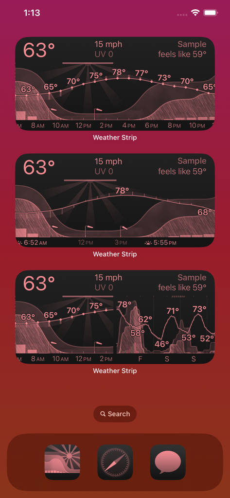 Trois widgets de l'application Weather Strip sur un écran d'accueil iOS montrant des chronologies et des graphiques de prévisions météo détaillés.