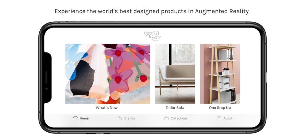 top3 AR | Augmented Reality 3D - Pantalla de inicio de la aplicación top3 AR mostrando categorías de muebles seleccionadas en un smartphone.