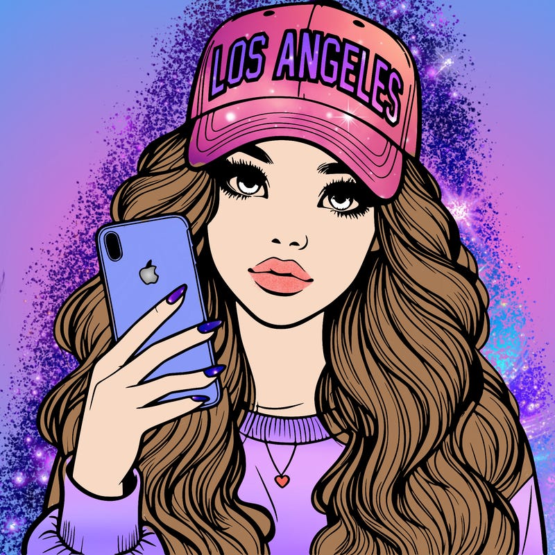 realistic beautiful girl wearing los ángeles cap holding an iphone