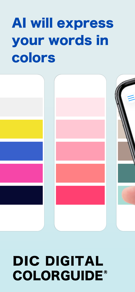 DIC Digital Color Guide app screen showing AI generated color palettes based on words
