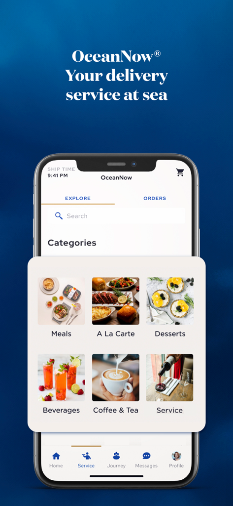 Princess Cruises - Interfaccia OceanNow dell'app Princess Cruises che mostra categorie per la consegna di cibo e bevande a bordo
