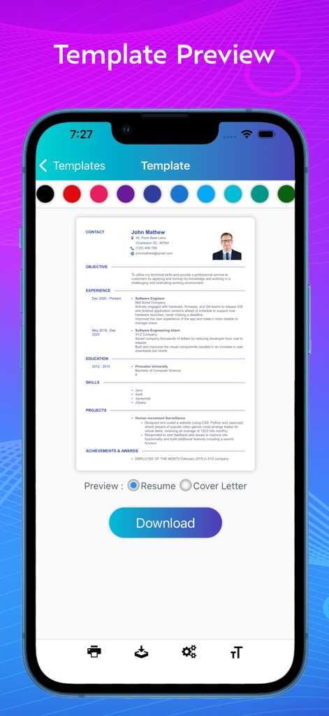 A smartphone screen displaying a professional resume template preview with color customization and a download button.