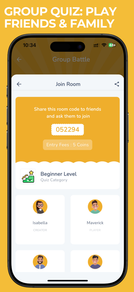 Spelling Bee Spelling Better - A mobile screen from the Spelling Bee app showing a Join Room interface for group spelling contests with friends and family