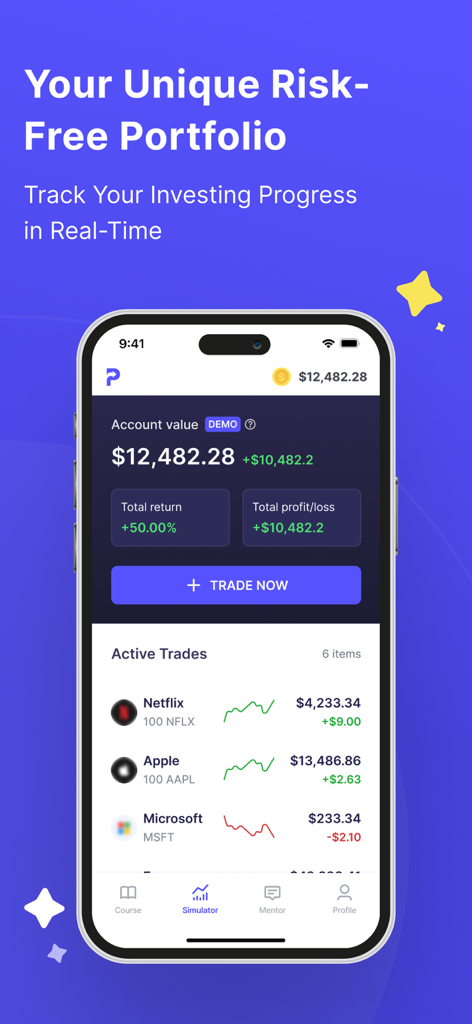 Screenshot of Prosperi Academy app displaying a risk-free investment portfolio and simulated stock trades.