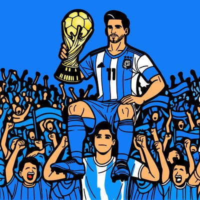 messi on somewon shoulder lifting the world cup with fans around him