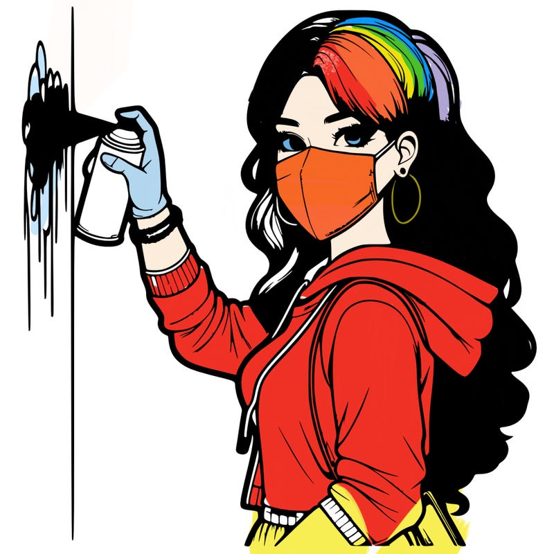 realistic girl with mask spray painting a wall