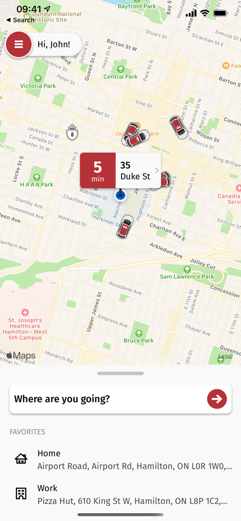 Hamilton Cab mobile app interface showing real time taxi tracking on a map and saved favorite destinations