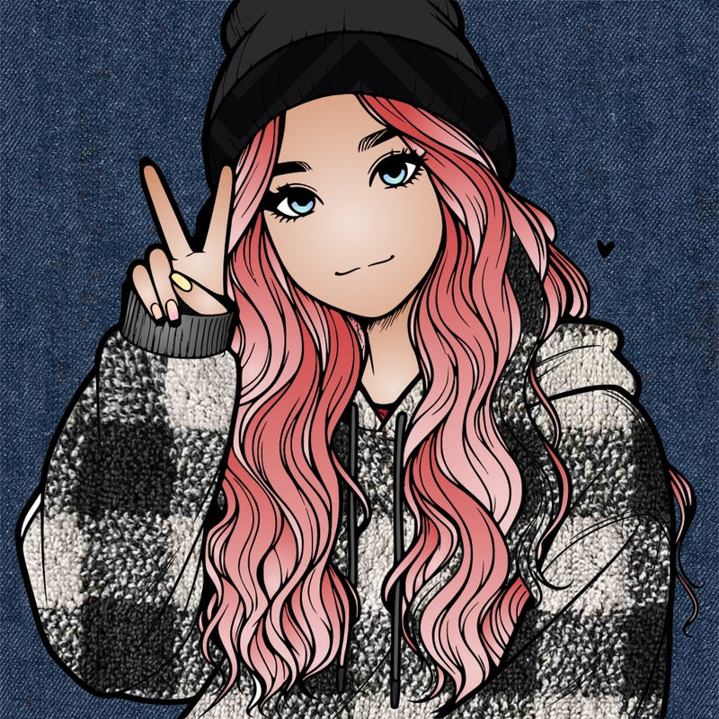 a teenage girl in a beanie, oversized sweatshirt, wavy long hair, and is showing a ✌️
