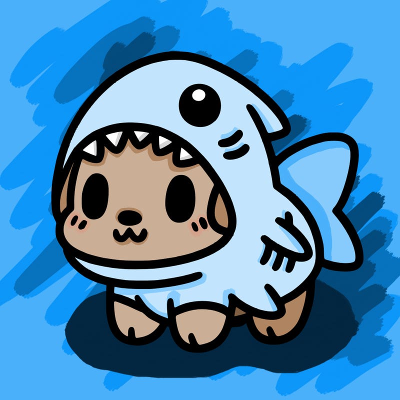 cute dog wearing a shark costume