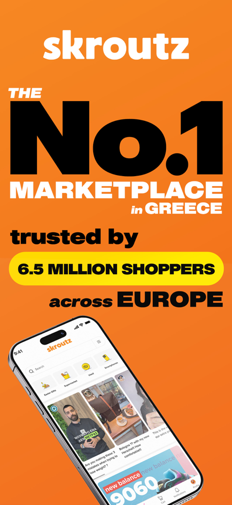Werbebanner für die Skroutz-App, die sie als den führenden Marktplatz in Griechenland hervorhebt, der von Millionen in Europa genutzt wird.