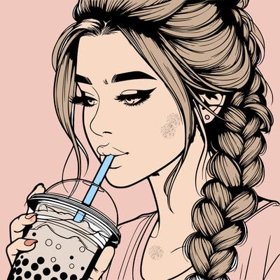 realistic girl drinking boba tea with braided hair