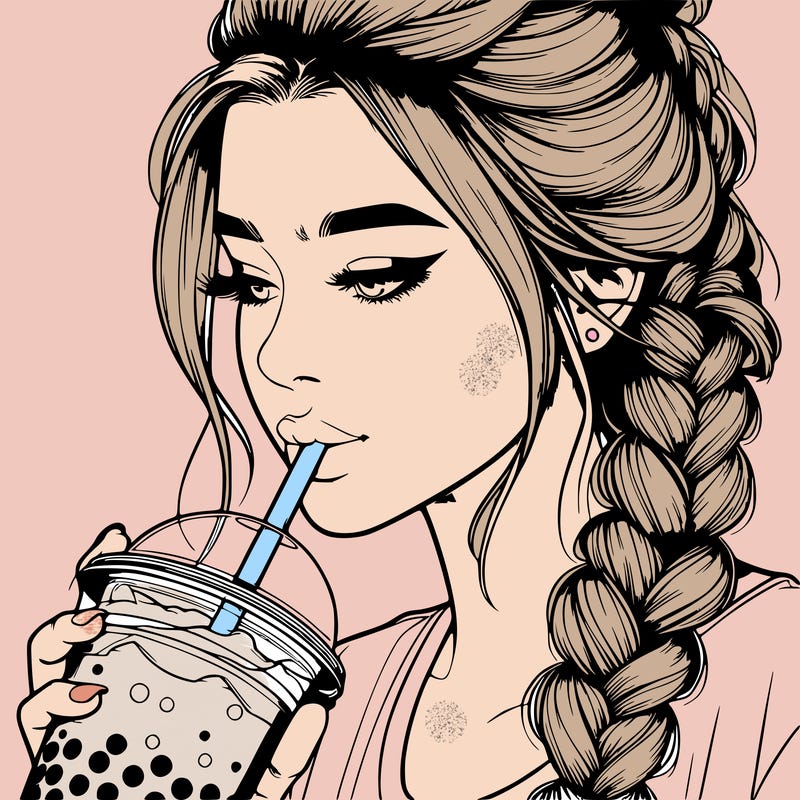 realistic girl drinking boba tea with braided hair