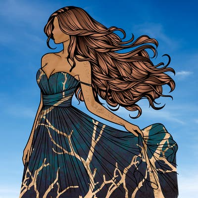 realistic woman with long hair and a beautiful dress flowing in the wind