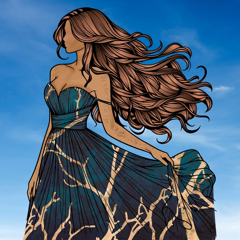 realistic woman with long hair and a beautiful dress flowing in the wind