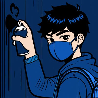 high schoolboy spray, painting a wall with mask covering his mouth