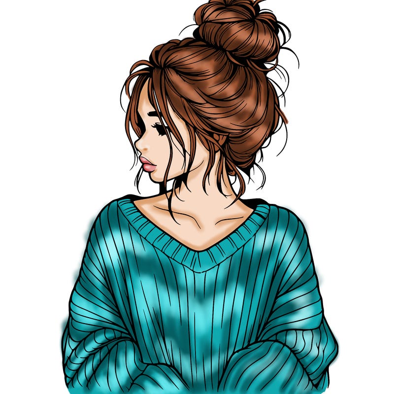 realistic girl wearing a messy bun and an oversized sweater