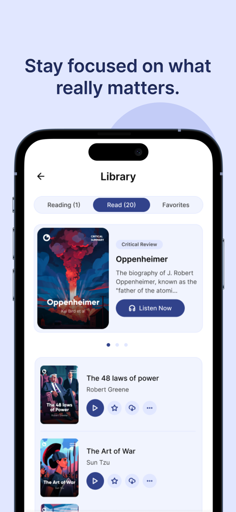 Smartphone-Bildschirm mit der 12min-App-Bibliothek und Sachbuchzusammenfassungen wie Oppenheimer und Die Kunst des Krieges