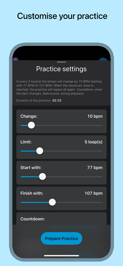 Customizable practice settings in Music Looper showing tempo and loop adjustment sliders