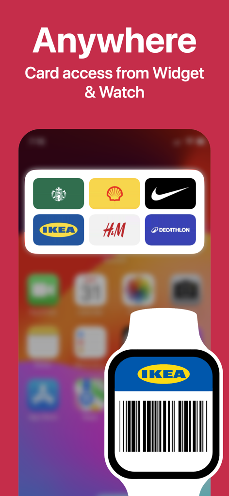 SuperCards: Store Card - SuperCards app showing store card access on an iPhone widget and Apple Watch with an IKEA barcode