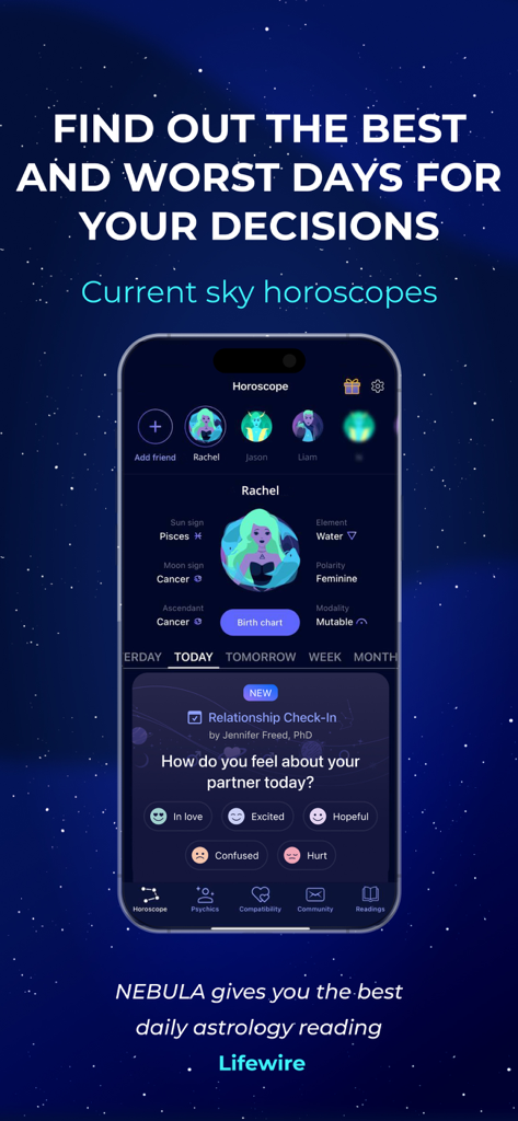 Nebula astrology app screen showing current sky horoscopes and relationship check in features