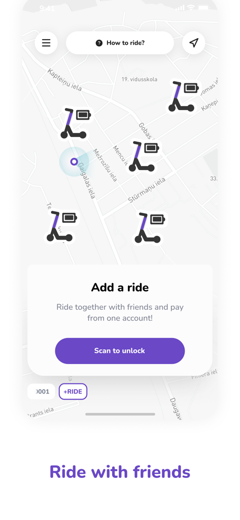 Reby mobility - Interfaccia dell'app mobile Reby mobility che mostra i monopattini elettrici su una mappa e una funzionalità per viaggiare con amici da un unico account.