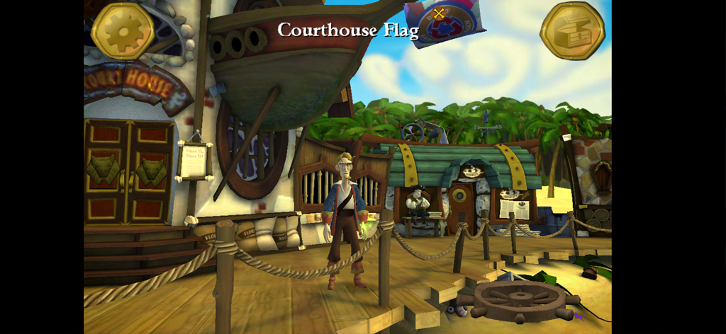 Tales of Monkey Island Ep 1 - Guybrush Threepwood de pie en un colorido pueblo pirata fuera de un juzgado