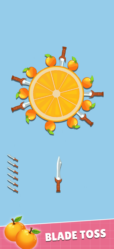 No Wifi Fun - All In One Games - Blade Toss mini game showing knives being thrown at a rotating orange slice