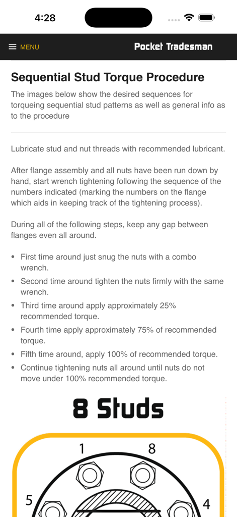 PocketTradesman Pipefitter - A technical guide for sequential stud torque procedures with an 8-stud flange diagram