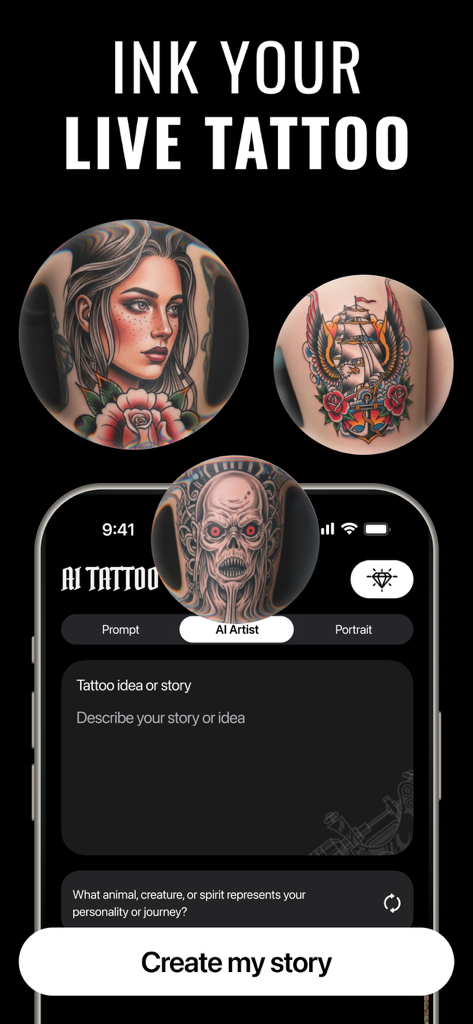 タトゥーデザインの例とプロンプト入力エリアが表示されたTattoo AI Design Generatorアプリのインターフェース
