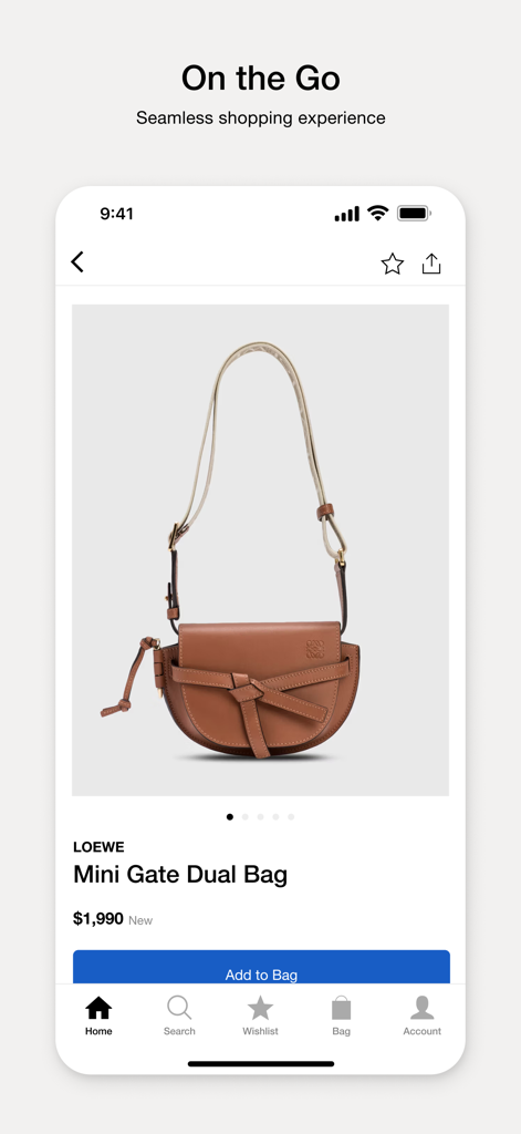 HBX | Globally Curated Fashion - Page produit de l'application mobile HBX présentant un sac Loewe Mini Gate Dual avec bouton « Ajouter au panier ».