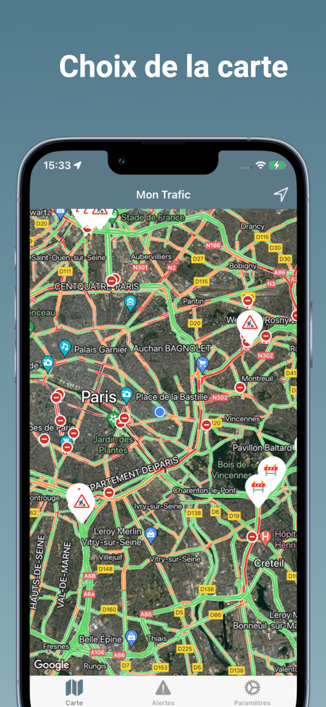 Mon Trafic - Info Circulation - 交通アラートと交通流を示すパリのリアルタイム交通地図