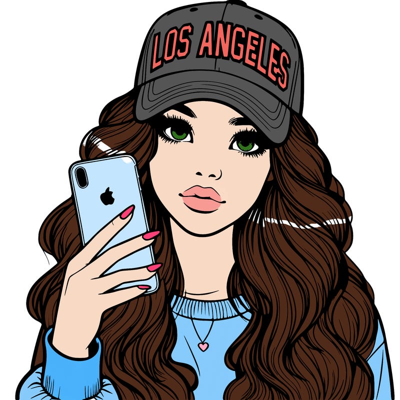 realistic beautiful girl wearing los ángeles cap holding an iphone