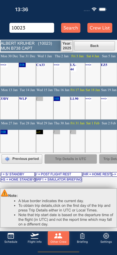 Avio Crew - Interface de l'application Avio Crew pour rechercher et afficher le planning de vol d'un collègue