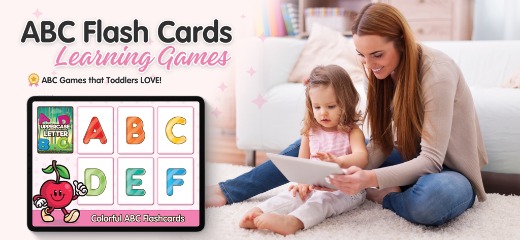 ABC Alphabet Flash Cards Games - A mother and her young daughter using the ABC Alphabet Flash Cards app on a tablet