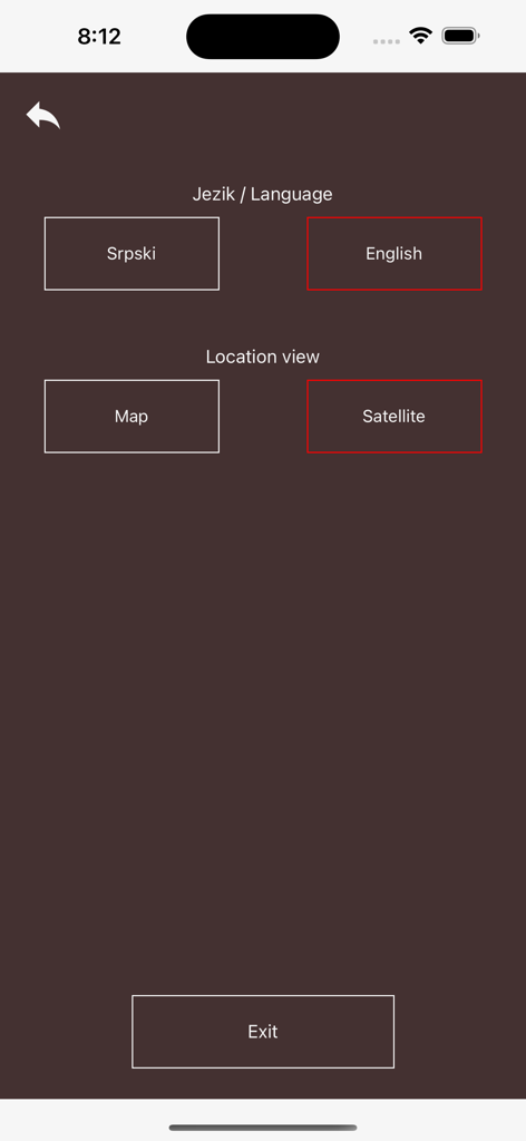 Profi Taxi Vrnjacka Banja - Pantalla de configuración para la aplicación Profi Taxi Vrnjacka Banja que muestra opciones de idioma para serbio e inglés y selecciones de vista de mapa