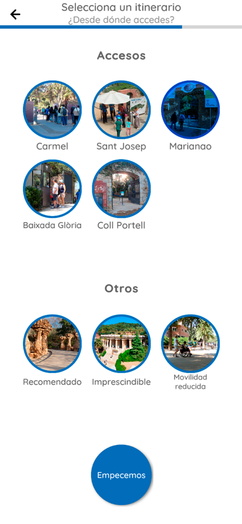 Park Guell app interface for selecting entrance points and accessible tour routes