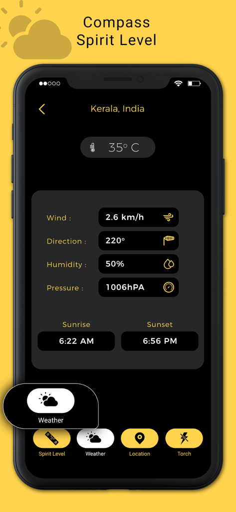Interfaz de smartphone que muestra detalles del clima como temperatura, humedad y horarios de puesta de sol en la aplicación Brújula Digital