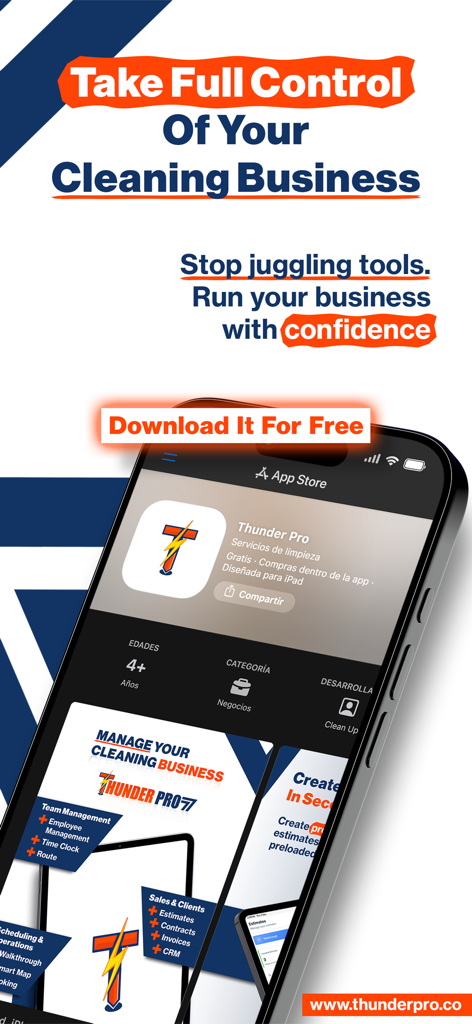 Thunder Pro - Grafica di marketing per l'app Thunder Pro che mostra gli strumenti per gestire un'attività di pulizie, inclusi preventivi, fatture e contratti