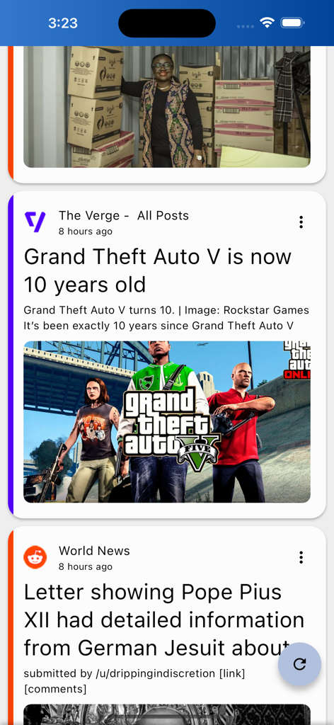 News feed interface of Stratum RSS reader app showing various article cards from sources like The Verge and Reddit.