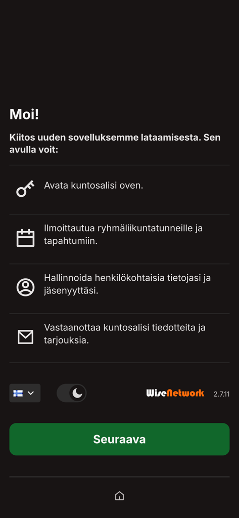 PTV Gym - The onboarding screen of the PTV Gym mobile app highlighting features like door access and membership management.