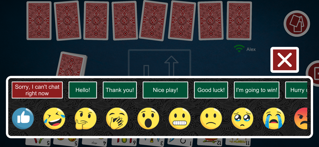 In-game quick chat messages and emoji reactions for online play in Conquian 333